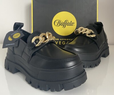 Buffalo Aspha Loafer Schuhe Kette Schwarz Gold Vegan Nappa Gr. 4,5 UK Vegan Comfort