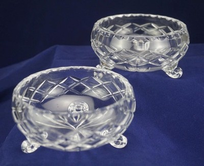 Pair of Tri Footed Bohemia Crystal Dessert Bowls Criss Cross Diamond TV748