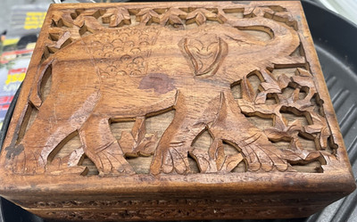 Hand-Carved Brown Wooden Elephant Hinged Trinket Box, Rectangular
