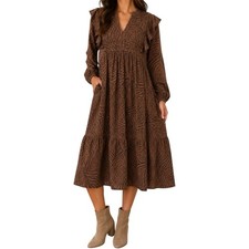 A New Day Brown Black Abstract Print Lined Ruffle Midi Dress w/Pockets Large