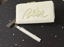 bebe Women s White Zip-Around Wristlet Wallet w/ Logo, Strap, Card Slots