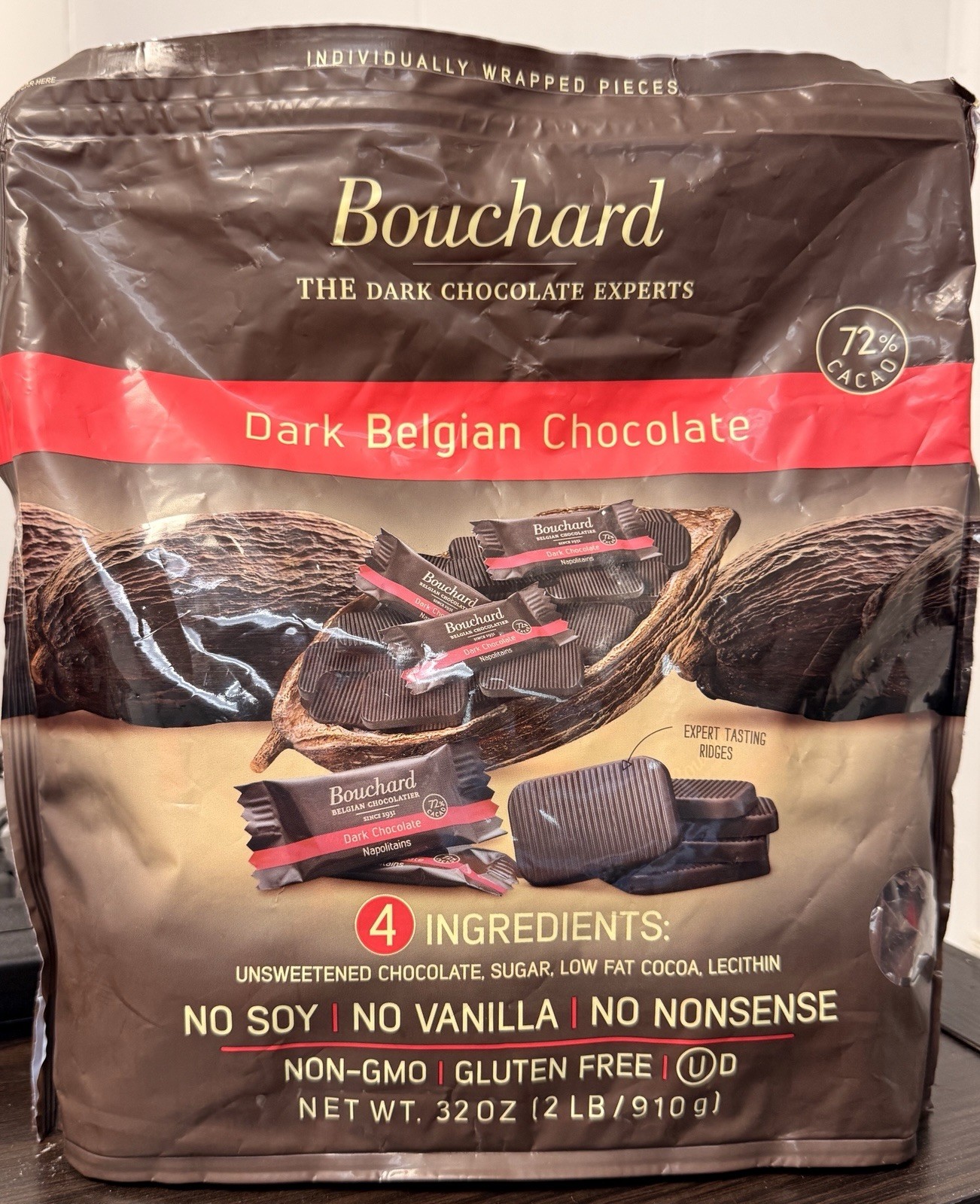 New Bouchard Belgian Dark Chocolate Gluten-Free 72% Cacao 32oz No soy or vanilla