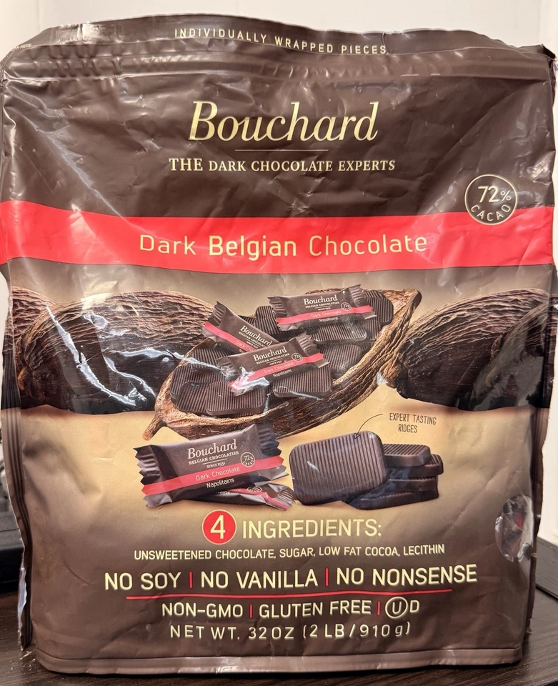 New Bouchard Belgian Dark Chocolate Gluten-Free 72% Cacao 32oz No soy or vanilla