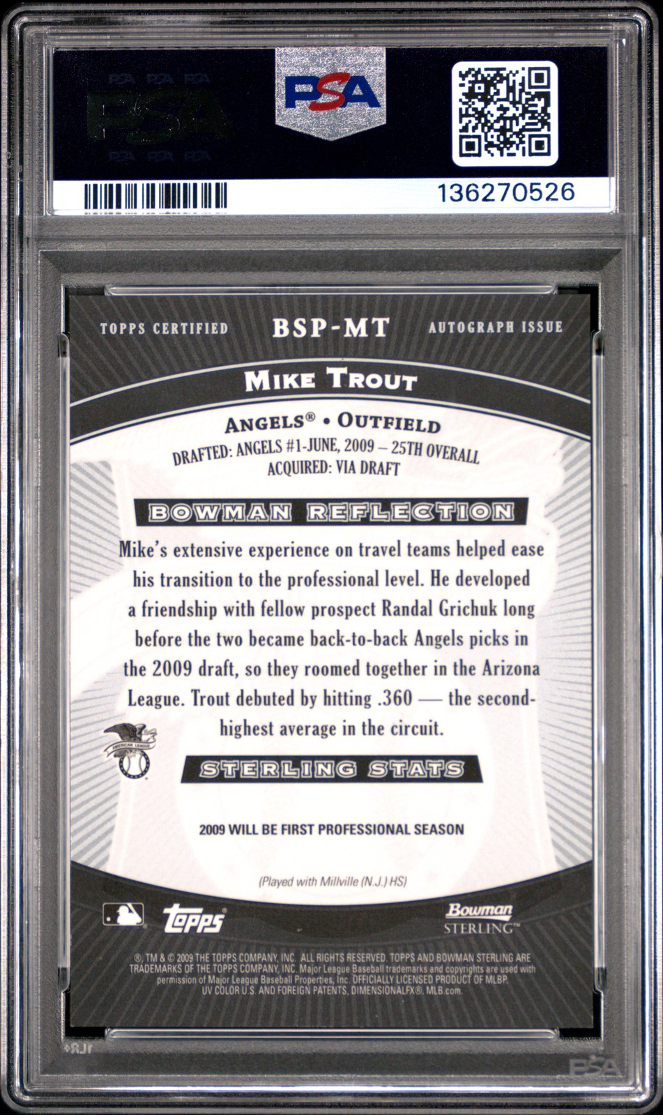 2009 BOWMAN STERLING PROSPECTS AUTO #BSPMT MIKE TROUT PSA 9 view 2