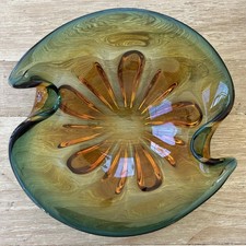 Vintage MCM Venetian Brown Green Gold Heavy Glass Console Bowl - Murano Style