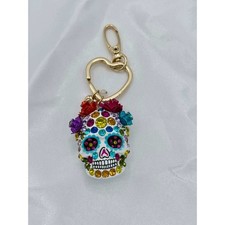 Betsey Johnson Sugar Skull Keychain Rhinestone Flower Bag Charm Gold Tone Multi