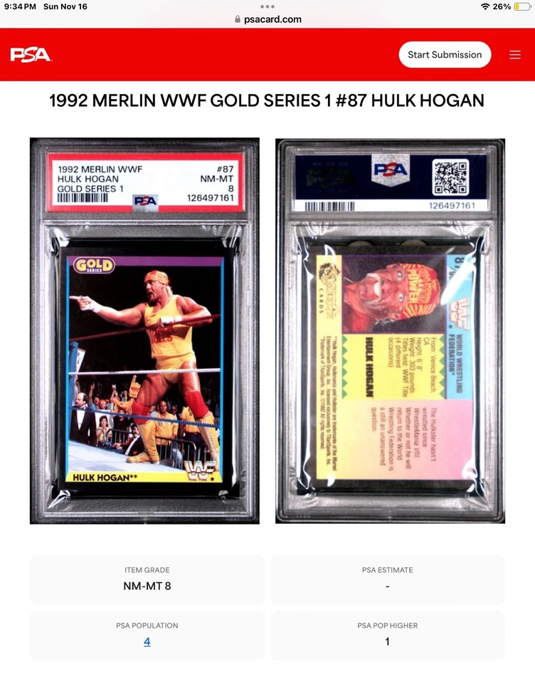 1992 merlin wwf #87 hulk hogan; black gold series 1 wrestling PSA 8 (POP 4, 1^) - Image 3 of 3