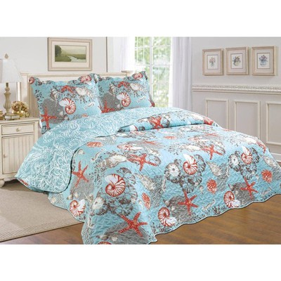 J and V TEXTILES 3-Piece Coastal Blue Cotton Blend Reversible King Quilt Set