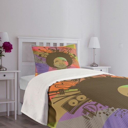 Music Bedspread Set, Illustration of American Young Woman Portrait with Music... - Picture 6 of 6