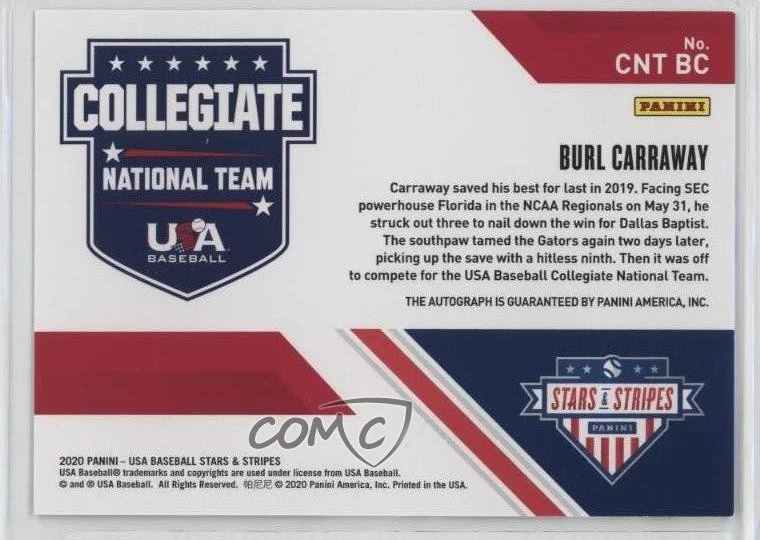 2020 Panini USA Baseball Stars & Stripes Red Ink /10 Burl Carraway #CNTBC Auto - Image 2 of 2