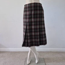 Vintage Daks Wool Inverted Pleat Skirt UK 10 Grey Black Red Check W28 L26.5 