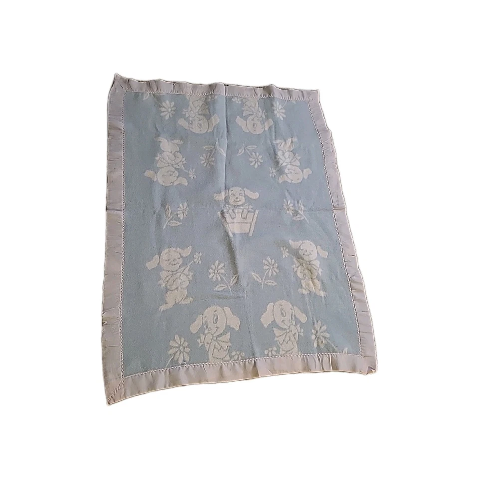 Vintage Blanket Thermal Flannel Blue W/ Puppies Dogs No Tag Nylon Edge Trim - Image 3 of 4