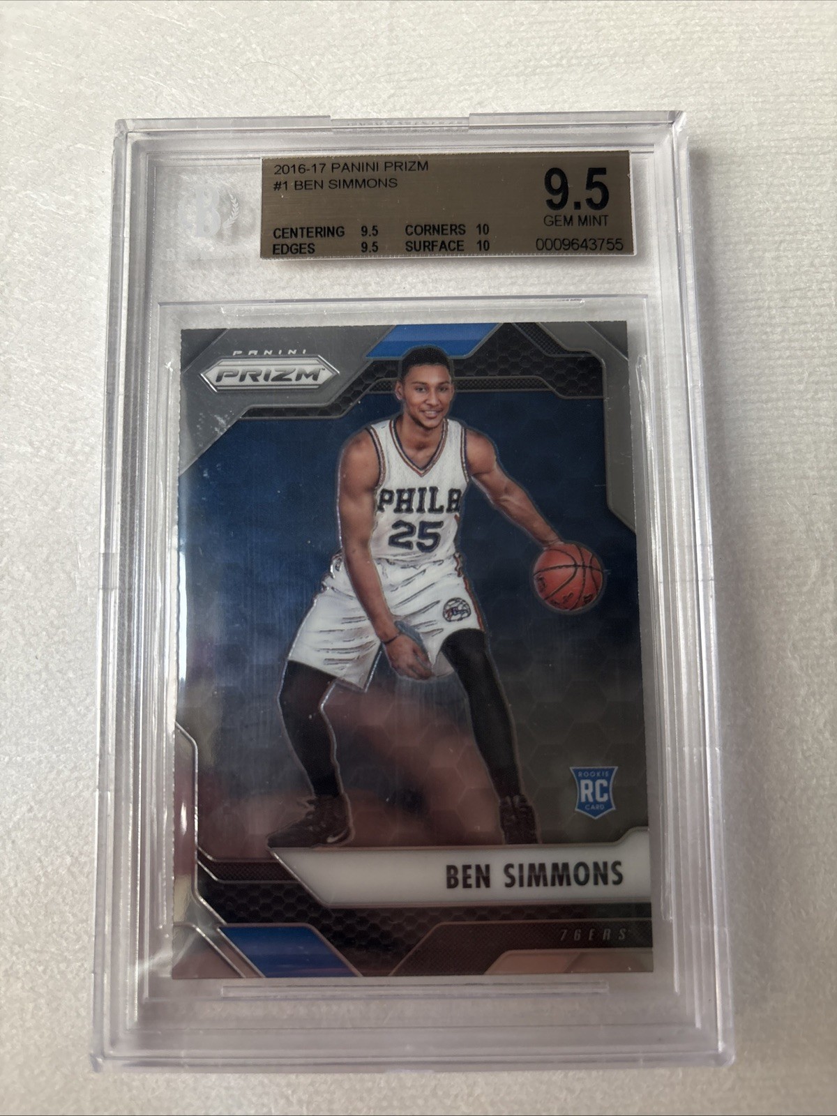 2016-17 Panini Prizm 1 Ben Simmons Silver Prizm RC BGS 9.5 Gem Mint.