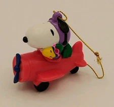 Vintage UFS Peanuts Snoopy & Woodstock Flying Airplane PVC Christmas Ornament 