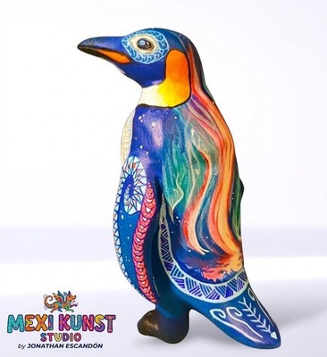 Geogeous Emperor Penguin woodcarving In Oaxacan Alebrije Style. Mexican Folk art