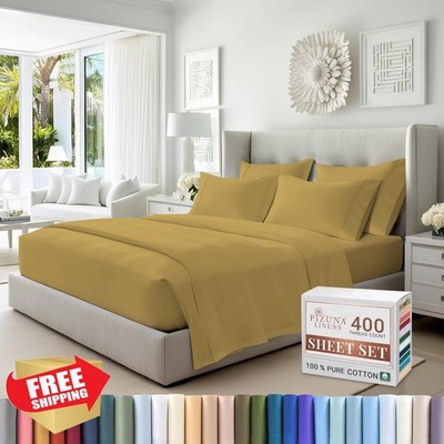 Pizuna King Sheets Mustard Gold, 100% Cotton 400 TC Sateen Deep Pocket w/2 Pi...