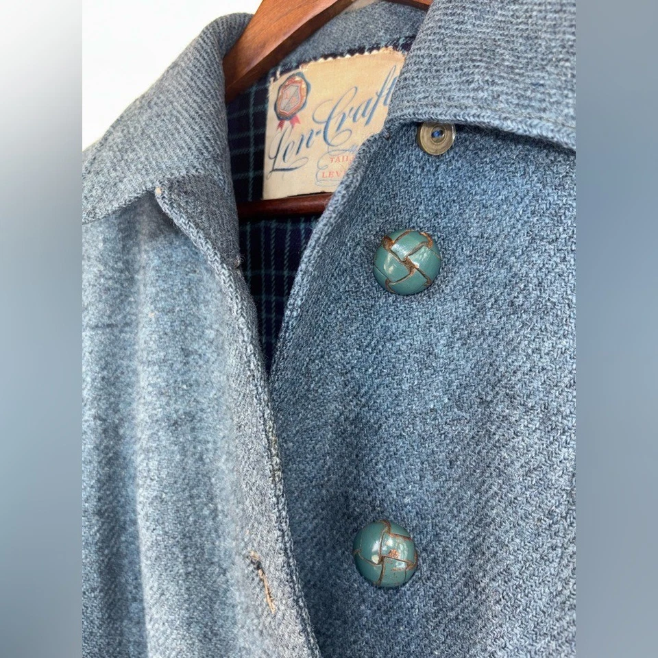 VINTAGE Harris Tweed Long Coat Blue 1950s Plaid Handwoven Scotland Len-Craft 12 - Image 4 of 4