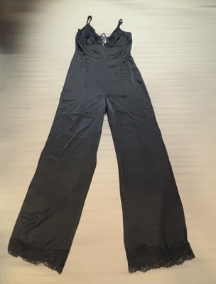 Pretty Little Things Black Satin Lace Trim Jumpsuit Size 6  