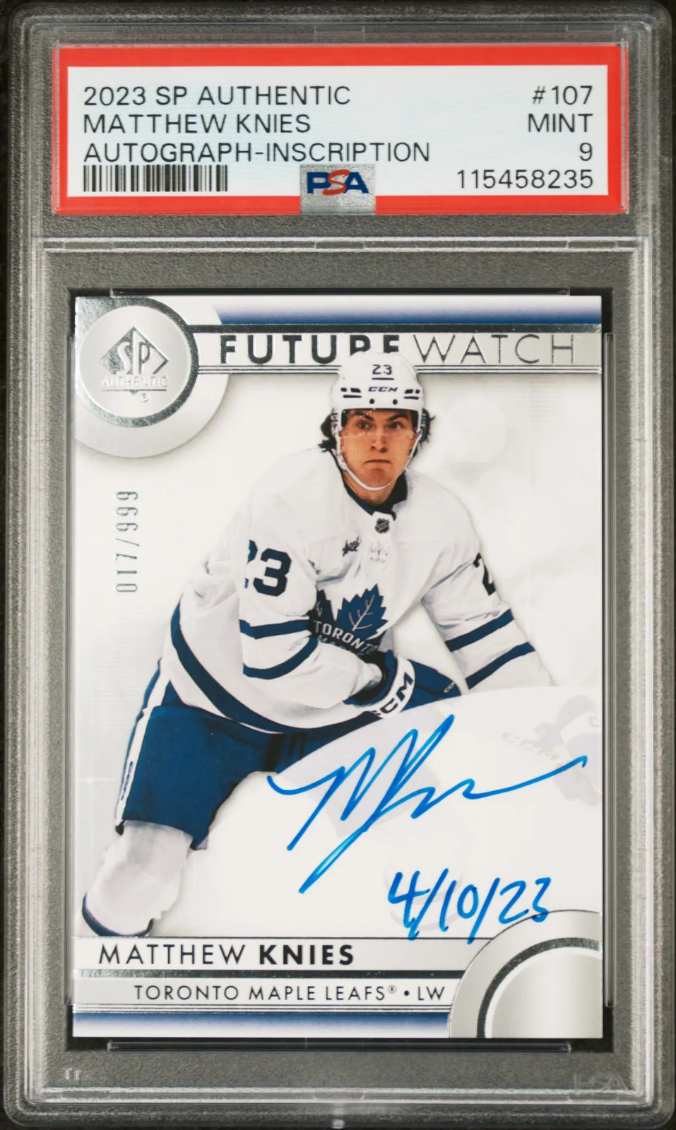 2023-24 SP Authentic Matthew Knies Future Watch Auto Inscribed 017/999 RC PSA 9