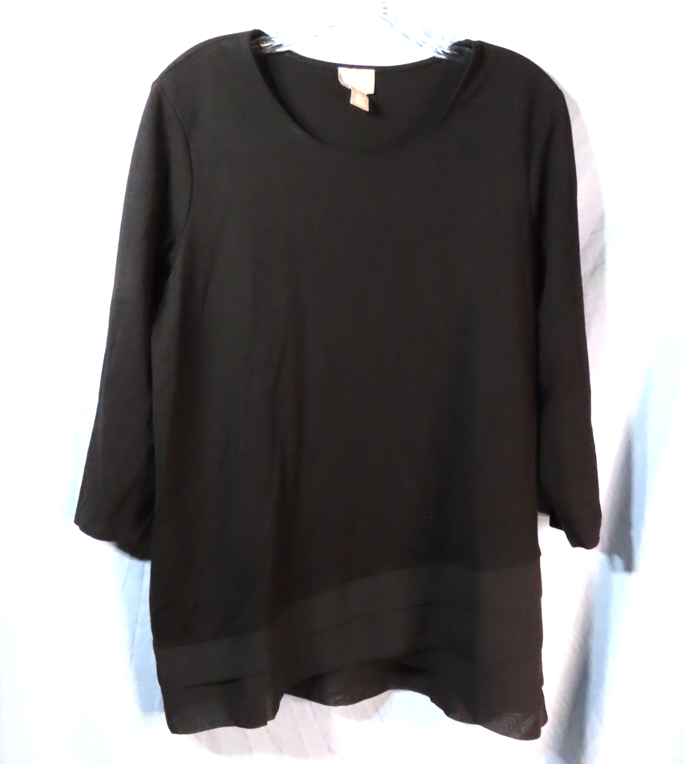 CHICO'S Black Soft Knit TUNIC TOP BLOUSE Chiffon Layered Hem 3/4 SLEEVES sz 2