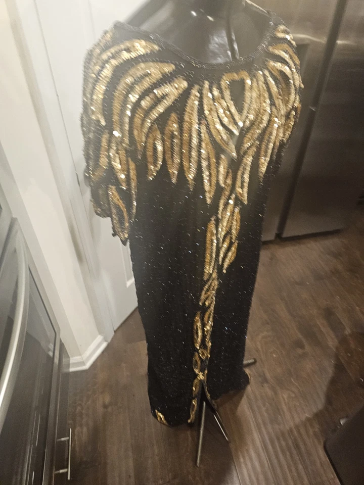 Vestido de cóctel largo vintage negro y dorado con cuentas lentejuelas seda talla grande 2x -3x Foto 3 de 4