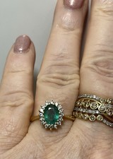 18k Yellow Gold Emerald & Diamond Ring Size O In A Halo Design