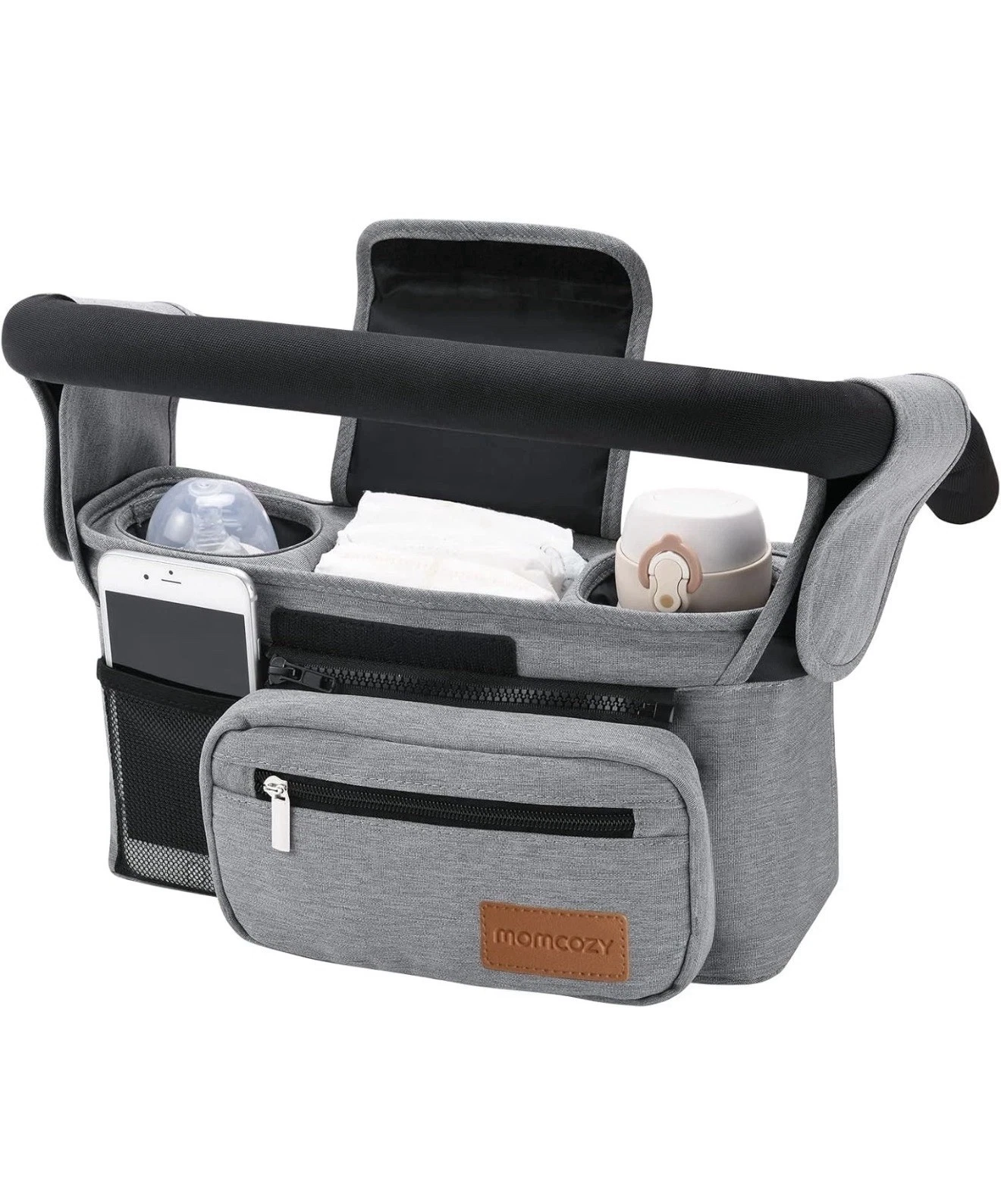 NWT~ Momcozy Uiversal Stroller Caddy Organizer Gray Insulated Cup Holder