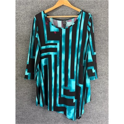 Clara Sun Woo Womens Artsy 3/4 Sleeve Tunic Top Size XL Teal Pink Asymmetrical