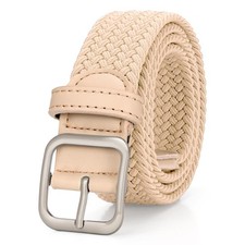 Women Elastic Braided Belt with Silver Buckle Woven Stretch Fabric Beige 100cm