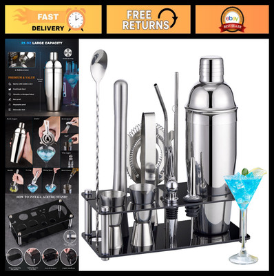 15-Piece Stainless Steel Cocktail Shaker Set with Acrylic Stand - Bar Tools for