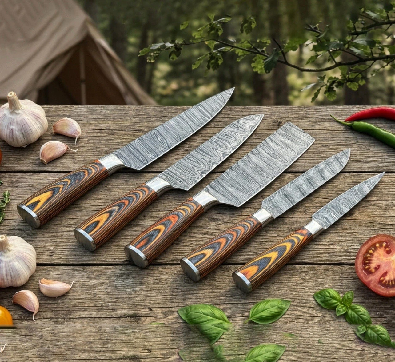 Hand Forged Damascus Steel Chef Set, Handmade Kitchen knife 5 PCS Set Leather