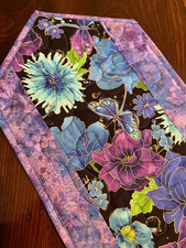 Handcrafted - Quilted Table Runner -2026-Turquoise, Blue, Purple Floral Surprise