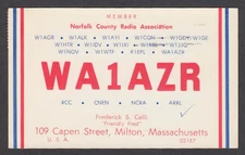 WA1AZR Frederick S Celli 109 Capen St Milton MA QSL postcard 1967