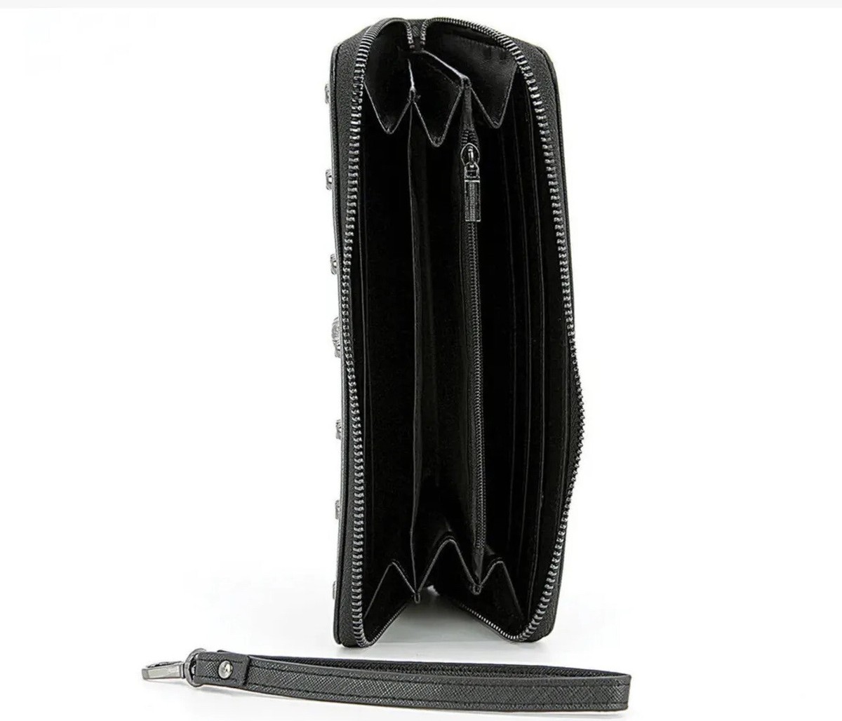 THOMAS WYLDE Metal Skull Black Vegan Leather Wristlet Zip Around
