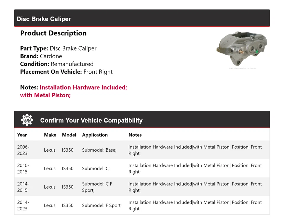 Pinza de freno de disco delantera derecha Cardone 2007 2008 2009 para Lexus IS350 2006-2023 Foto 2 de 4