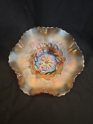 Vintage Dugan Diamond Cosmos Variant Marigold Carnival Glass Ruffled Bowl 9 1/2''