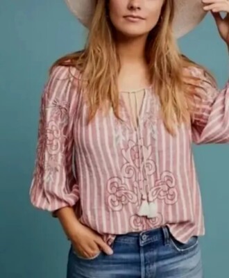 Anthropologie Akemi + Kin Audria Linen Peasant Blouse Embroidered Striped Sz XS