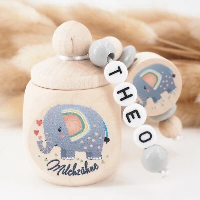 MOTZISBUNTEWELT Milchzahndose mit Namen ❤ Geschenk Junge Geburtstag grau natur Elefant 30 x 30