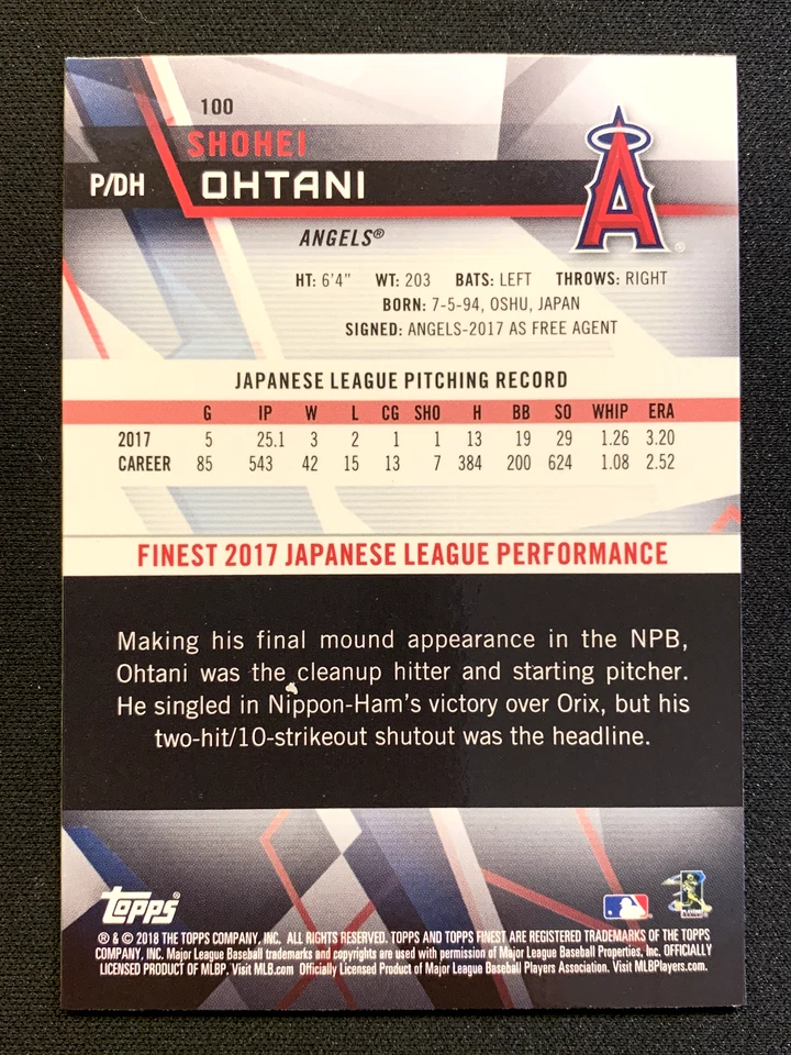 2018 Topps finest Shohei Ohtani Rookie RC #100 - Image 2 of 2