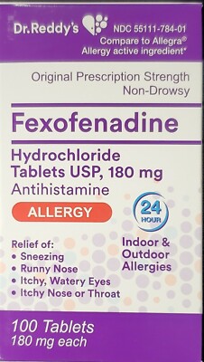 Dr Reddys Fexofenadine 180 mg Tablets Allergy Relief 100 Count -Exp Date 01-2027