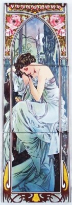 SECONDS Nightly Rest 3 Fliesen Panel Mucha Lady Deko Wandbild Handdekoriert UK