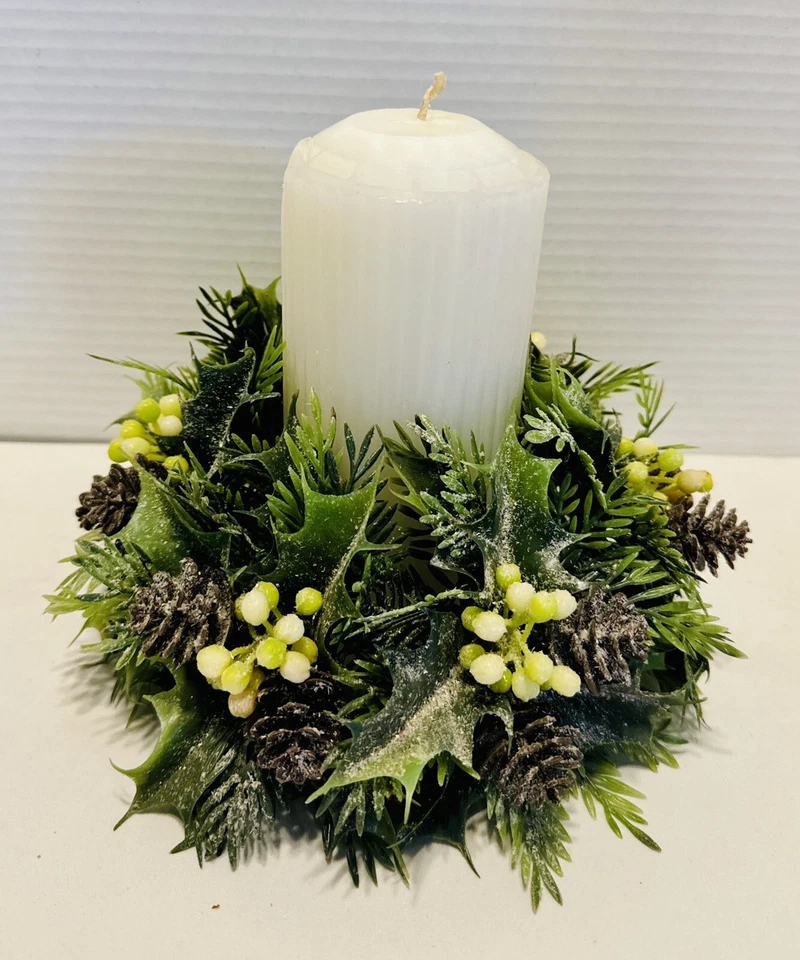 VTG 8” Candle Ring Wreath With Faux Pinecones, Holly, & Evergreen Accents - Image 4 of 4
