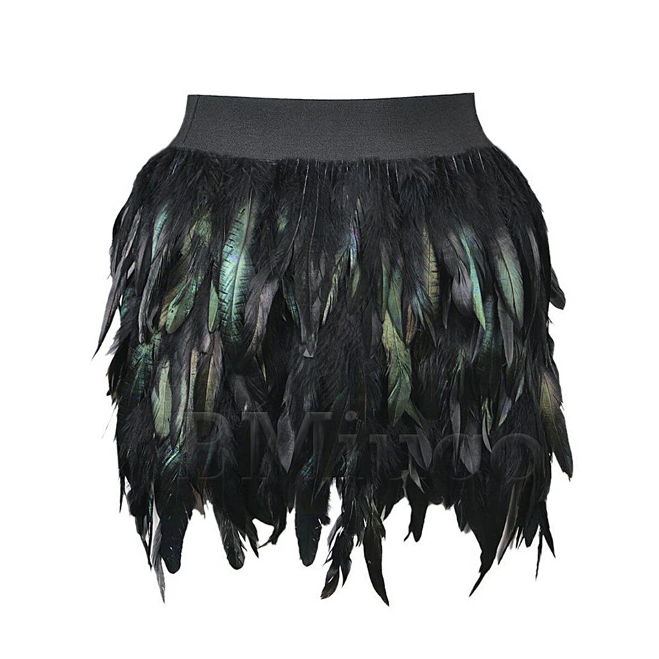 Womens Handmade Fur Skirt Fake Feathers Mini Skirts Elastic Waist Jazz Skirts - Image 3 of 4
