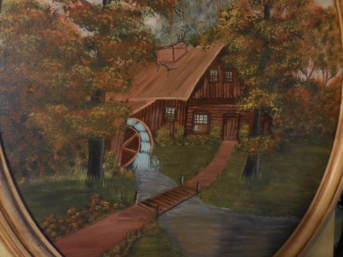 Pintura al óleo de casa de campo con árboles y molino de agua corriente de Bonnie Bishop - Imagen 2 de 12