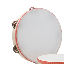 Wood Frame Hand Held Tambourine, 8 Inch, Single Row Jingles, with Skin Head,W308