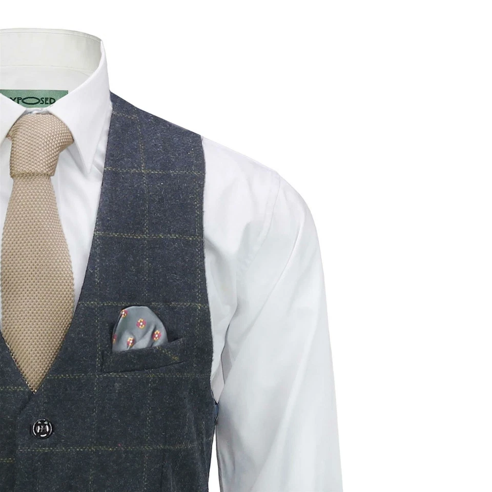 Hommes 3 Pièce Costume Tweed Chevron Bleu Marine Carreaux Rétro Ajusté à Pic - Photo 3/4