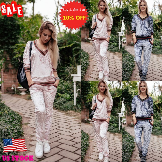 2X Womens Velvet Jogging Sport V Neck Long Sleeve Sweatshirt Pants Tracksuit Set | eBay