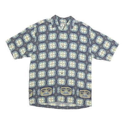 BUGLE BOY Herren Kurzarmhemd Blau Creme Abstraktmuster Geometrisch M Baumwollmix