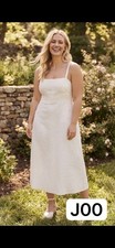 Zara White Linen Blend Embroidered Square Neck Midi Sundress Zip Lined Dress