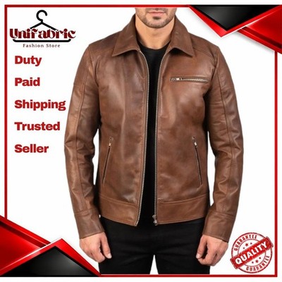 Mens Brown Leather Jacket Cafe Racer Motorcycle Biker Slim Fit Stylish